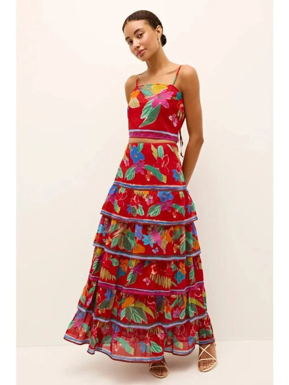Marie Oliver Christie Floral Cotton Tiered Midi Skirt Womens Long